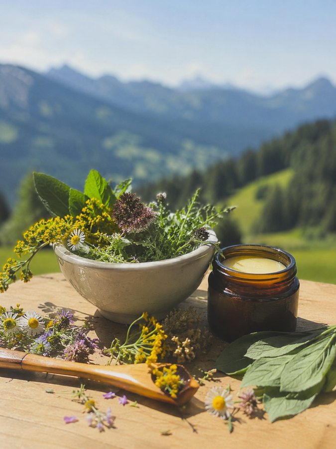 Kräuter und Wildblumen in einer Keramikschale mit Bergpanorama im Hintergrund