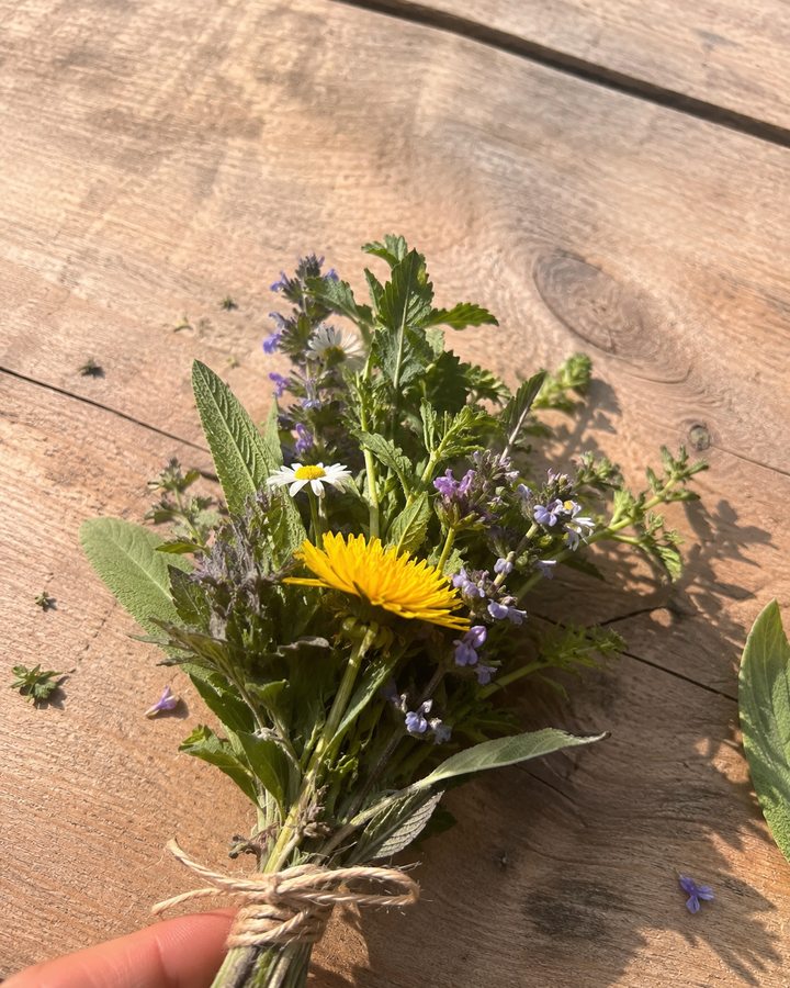 Kleines Kräuterbündel mit Löwenzahn und Wiesenblumen auf natürlichem Holz