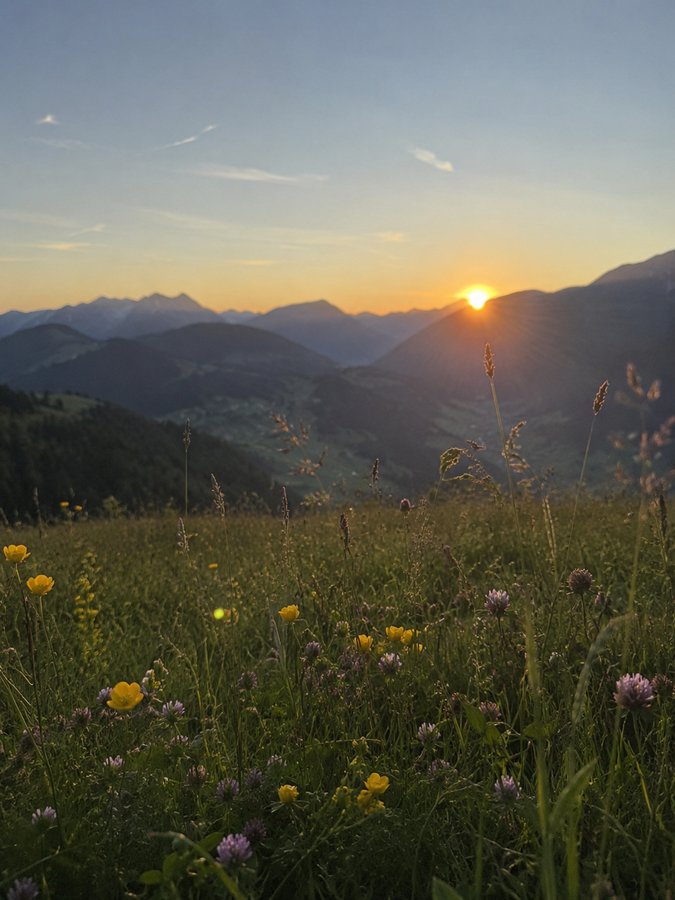 Almwiese mit Wildblumen im Abendlicht und Sonnenuntergang über den Bergen